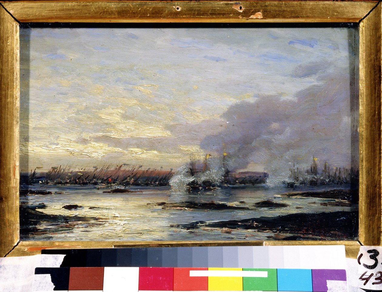 Great Northern War (1700-1721): ""Slaget ved Gangut som så seieren til den russiske flåten (inkludert Gangut cuirass) over den svenske flåten 08.07.1714"" Maleri av Alexei Petrovich Bogolyubov (Bogoliubov eller Bogoliubov) ) (1824-1896) 1876 State A av Aleksei Petrovich Bogolyubov