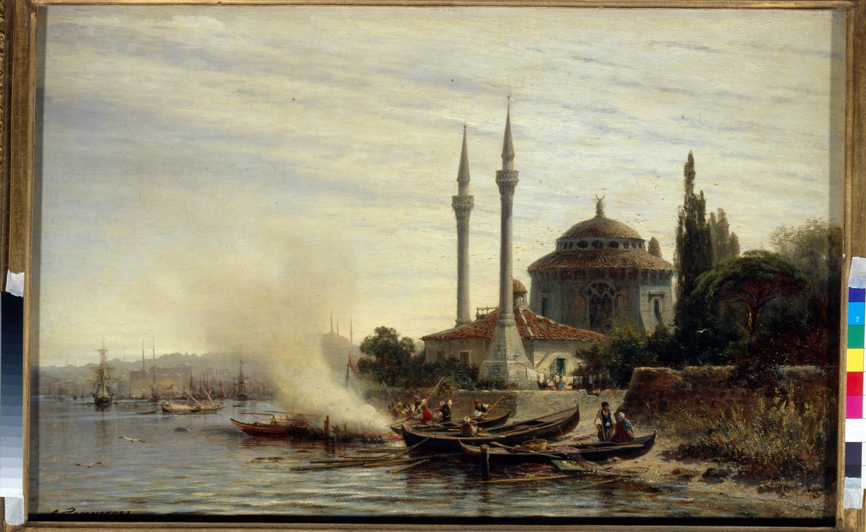 La Corne d'Or, Konstantinopel (Det gylne horn, Konstantinopel) elvemunningen og den naturlige havnen i Byzantium med en moske - Maleri av Alexei Petrovich Bogolyubov (1824-1896), olje på lerret (50x78 cm) av Aleksei Petrovich Bogolyubov