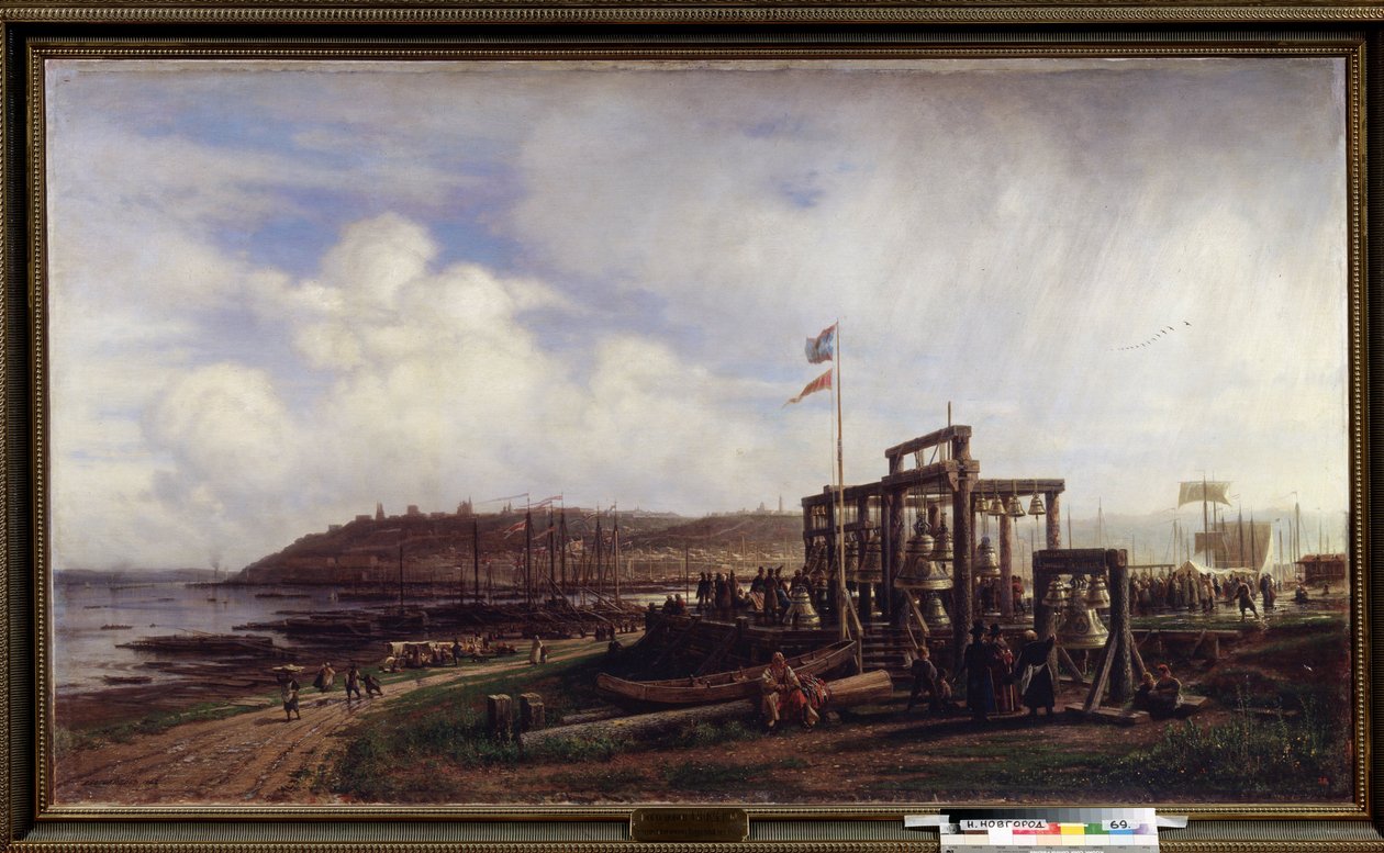 Markedet i Nizhny Novgorod, selger av bjeller. (Markedet i Nizhny Novgorod, rad med klokkeboder). Maleri av Alexei Petrovich Bogolyubov (Bogoliubov eller Bogolioubov) (1824-1896). Olje på lerret av Aleksei Petrovich Bogolyubov