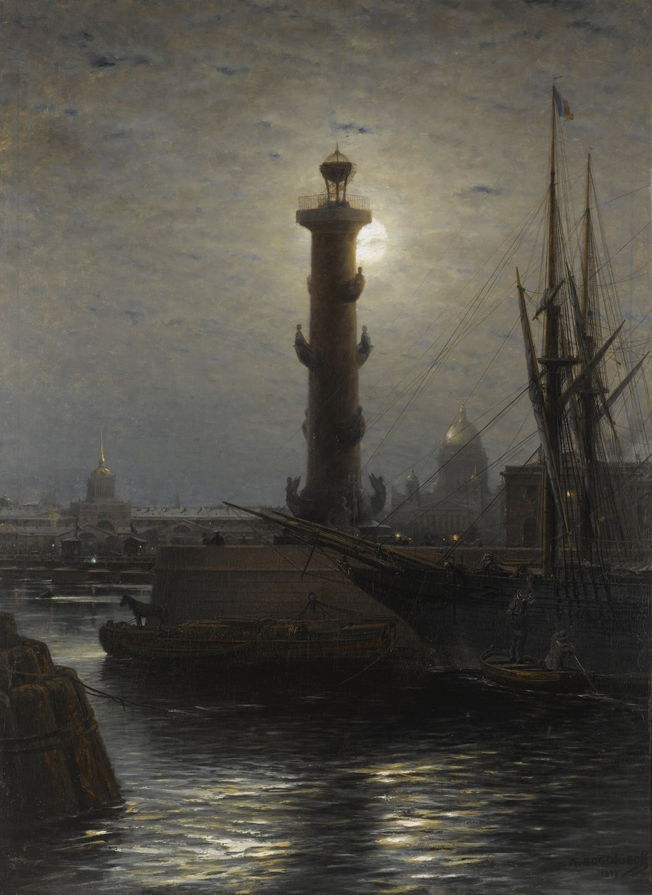 Rostral-søylen nær børsen i St. Petersburg, 1878 av Aleksei Petrovich Bogolyubov