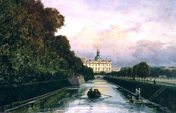 Utsikt over Lebyazhyeva-kanalen mot Mikhailovsky-palasset, St. Petersburg (olje på panel) av Aleksei Petrovich Bogolyubov