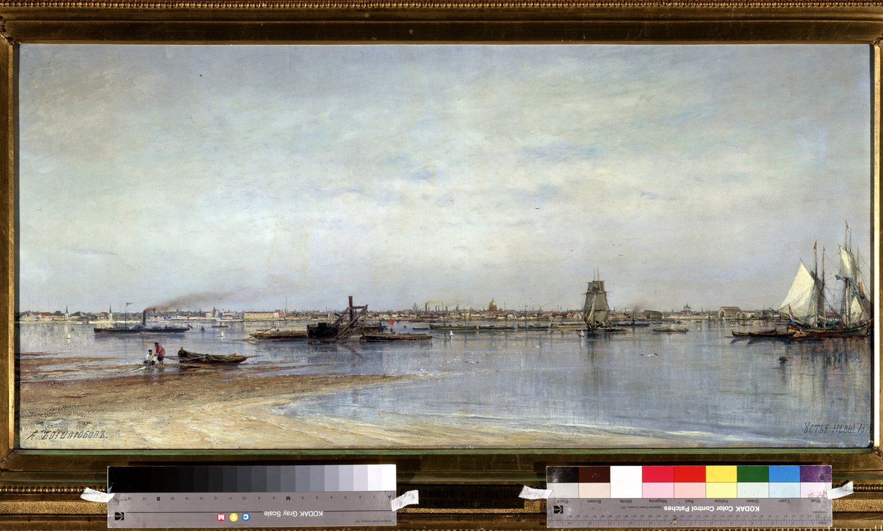 Utsikt over bredden av elven Neva i Saint Petersburg (Saint-Petersburg) i Russland. Maleri av Alexei Petrovich Bogolyubov (Bogoliubov eller Bogolioubov) (1824-1896) av Aleksei Petrovich Bogolyubov