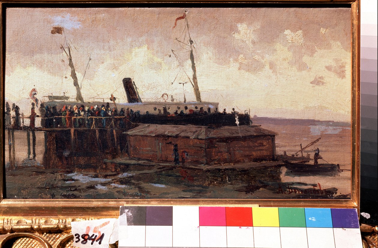 ""Utsikt over en dampbåt ved kai i en havn"" Maleri av Alexei Petrovich Bogolyubov (Bogoliubov eller Bogoliubov) (1824-1896) 1874 State United Art Museum, Kostroma, Russland av Aleksei Petrovich Bogolyubov