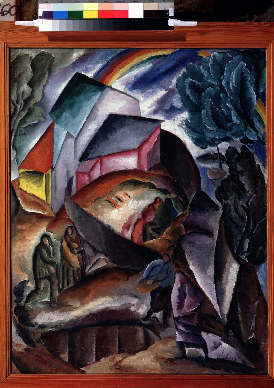 Regnbue. Fjelllandskap med en landsby og figurer, overbygd av en regnbue. Maleri av Alexei Ilyich Kravchenko (1889-1940), olje på lerret, rundt 1920. Russisk avantgarde, tidlig 1900-talls landskap. Statens Tretyakov-galleri, av Aleksey Kravchenko
