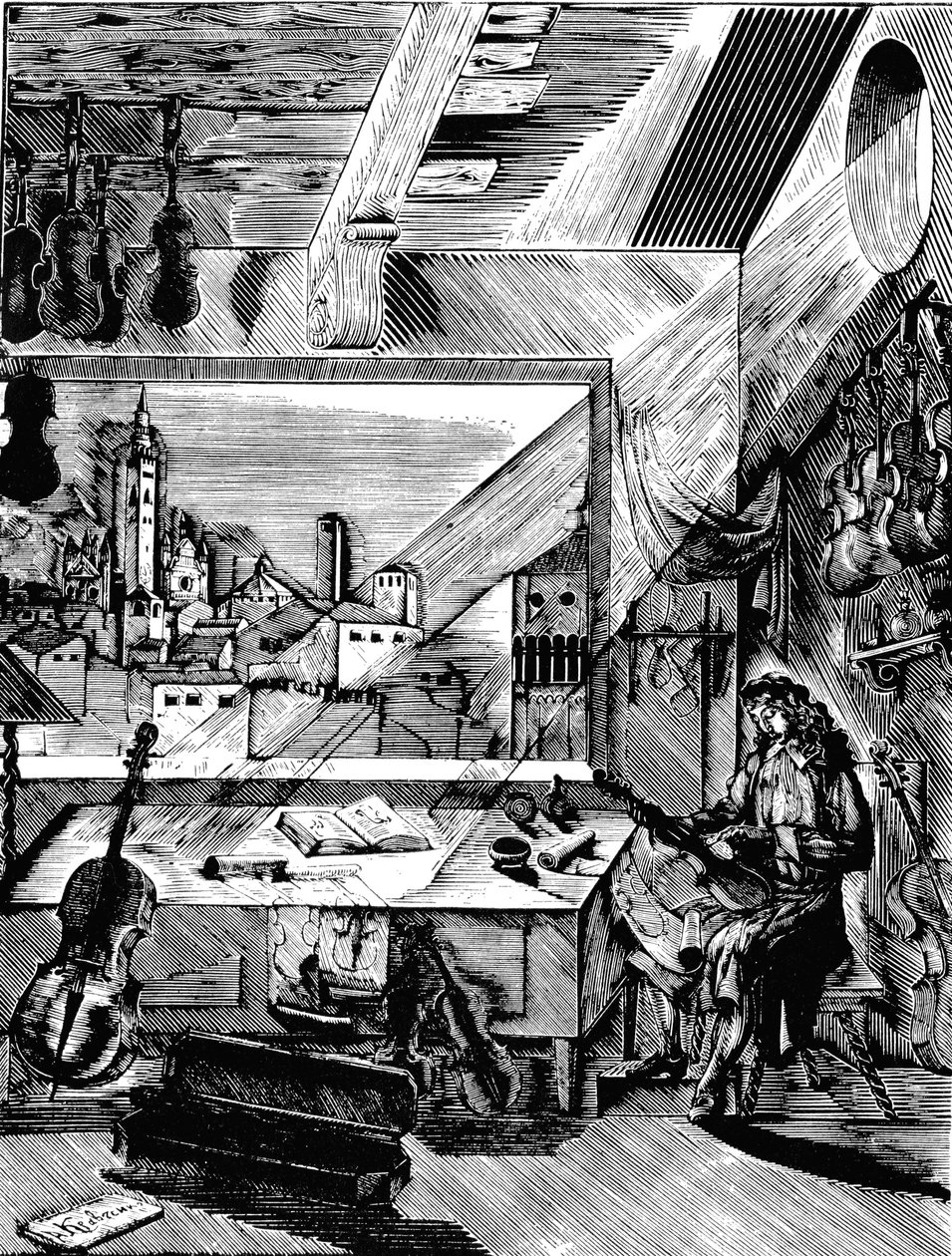 Den italienske musikkinstrumentmakeren Antonio Stradivari i verkstedet sitt, 1926. av Aleksey Kravchenko