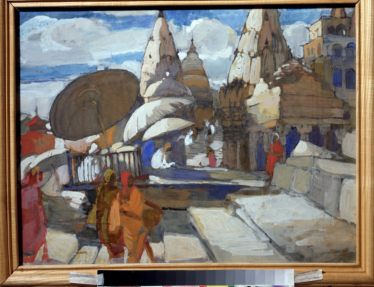 En pagode i Benares (India) (En pagode i Benares). Beskrivelse av indiske gater og bygninger, med noen karakterer i tradisjonell drakt engasjert i daglige aktiviteter. Maleri av Alexei Ilyich Kravchenko (1889-1940), olje på lerret av Aleksey Kravchenko
