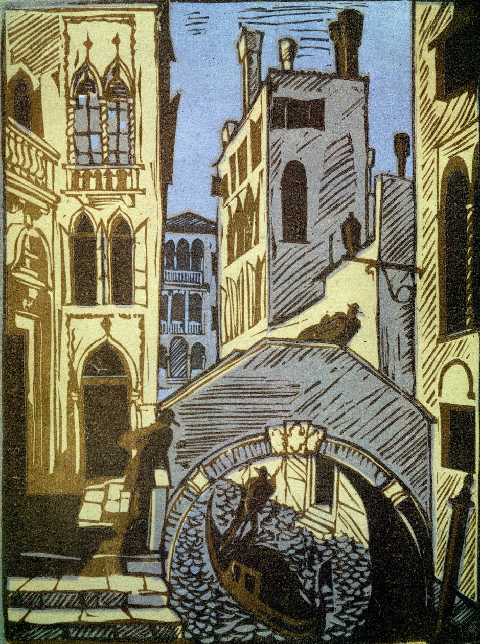 Venezia, Italia (Venezia). Kanal, gondol, bro og fasader av byen. Verk av Alexei Ilyich Kravchenko (1889-1940), tresnitt. Russisk kunst, landskap fra 1800- og 1900-tallet. Statens Tretyakov-galleri, Moskva. (Russland). av Aleksey Kravchenko