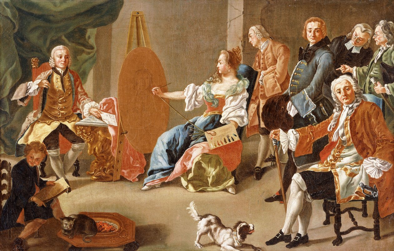 En allegori om maleri: Et elegant selskap i et interiør med en gentleman som sitter for sitt portrett av Alesio D Elia