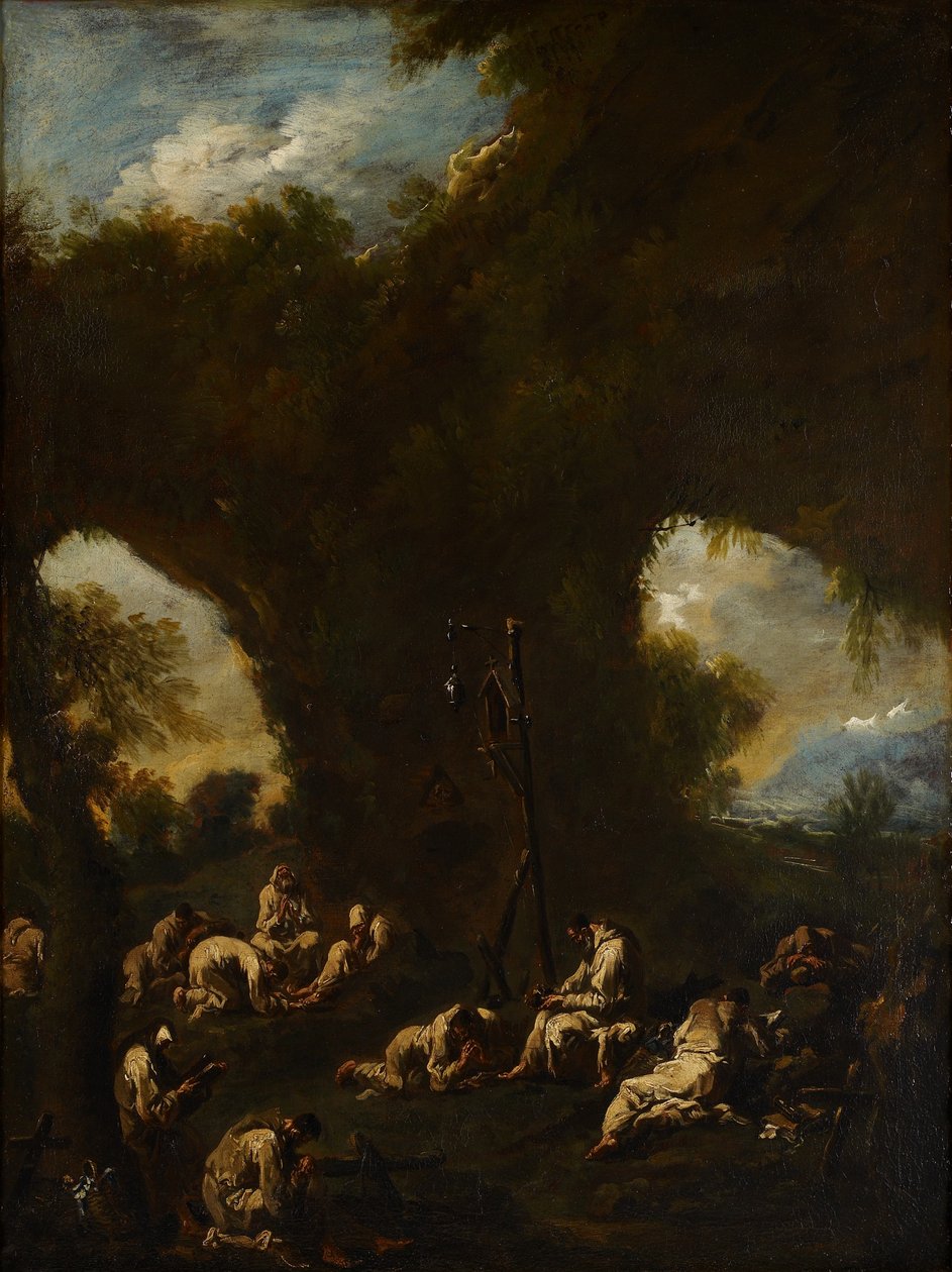 Munker som ber i en grotte, ca. 1730 av Alessandro Magnasco