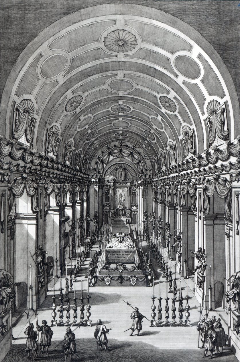 The Lying in State of Alexander Sobieski i Capuchin Church, Roma, etset av Francesco Faraone Aquila, 1714 av Alessandro Specchi