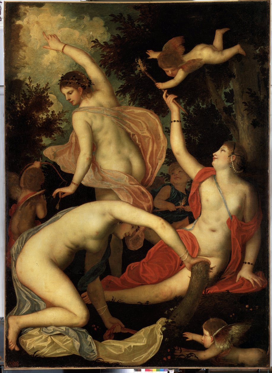 Graces and Cupid (Graces and Cupid). Maleri av Alessandro Varotari kjent som Il Padovanino (1588-1649). Venetiansk kunst, mannerisme. Olje på lerret. Eremitasjemuseet, St. Petersburg av Alessandro Varotari