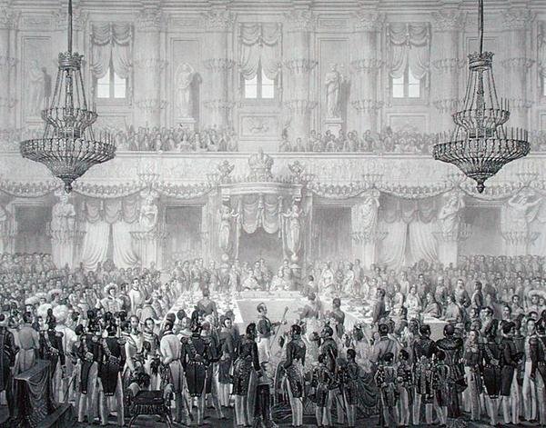 Statsbankett for å markere anledningen til kroningen av Ferdinand I (1793-1875) av Alessandro (after) Sanquirico