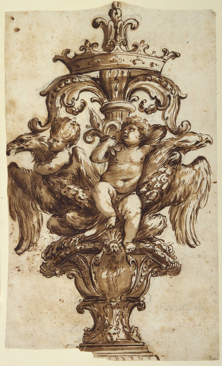 Design for en finial av en buss (penn og brunt blekk med vask over grafitt på papir) av Alessandro Algardi