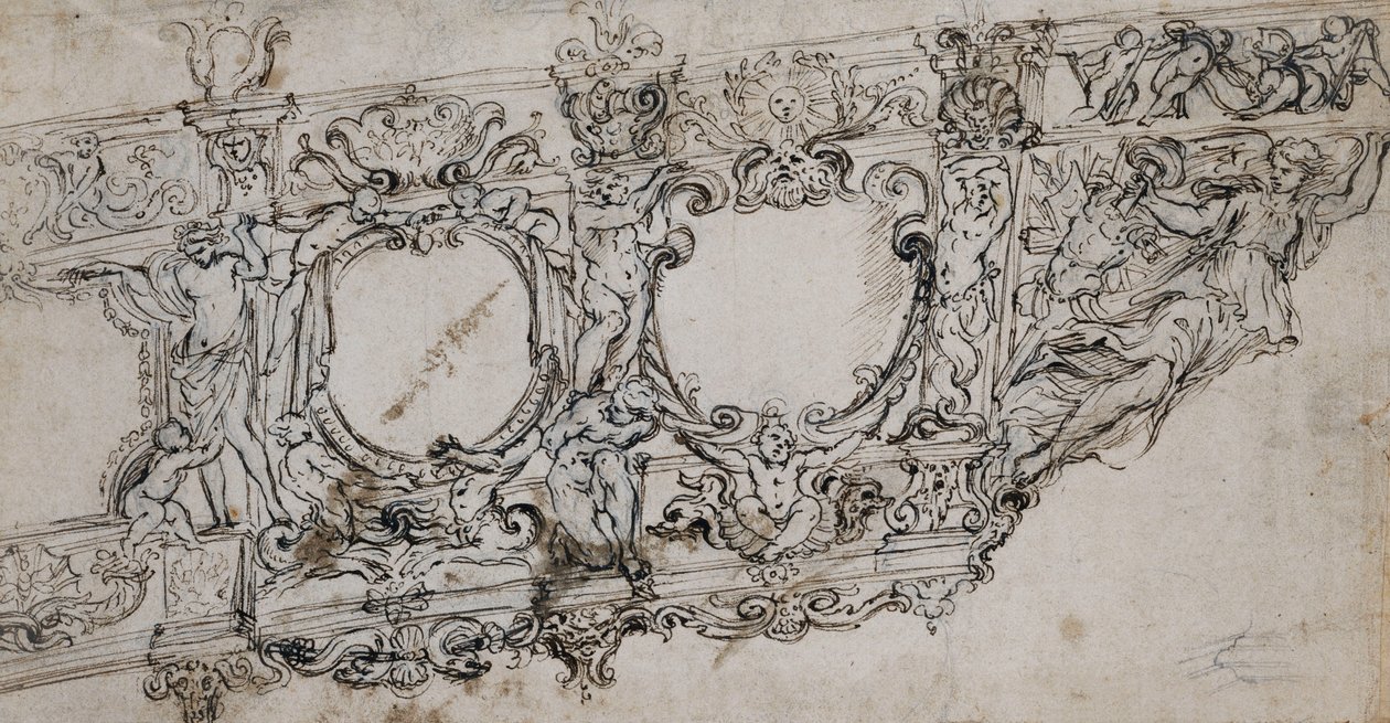 Design for baugen til galleriet til pave Urban VIII med Barberini Arms of Bees and Sun, Ignudi, Tritons, Hippocamps, Putti og en allegori om seier som figurhodet under bokstavene VRBA In av Alessandro Algardi