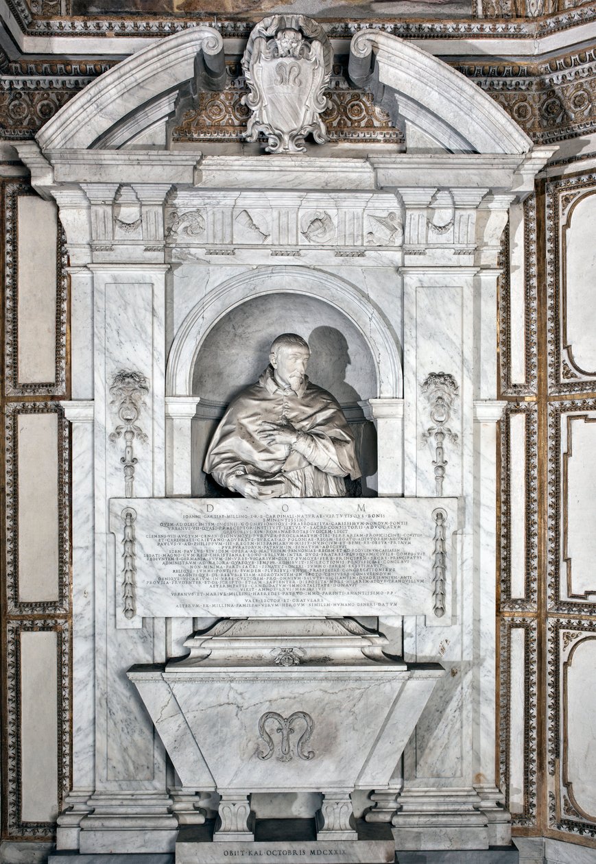 Begravelsesmonument til hyllest til kardinal Giovanni Garcia Mellini med portrett i byste Marmorskulptur av Alesssandro Algardi (1598-1654) 1630 rundt Roma-basilikaen Santa Maria del Popolo, Cappella Mellini av Alessandro Algardi
