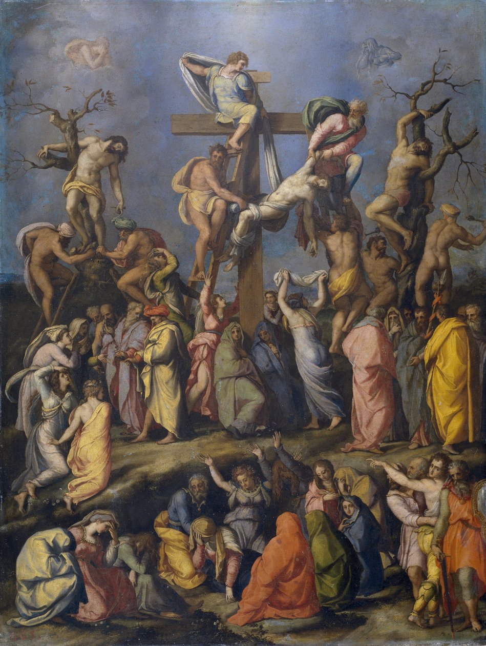 The Descent from the Cross - Maleri av Alessandro Allori (1535-1607), olje på lerret (70x54 cm), rundt 1560 - (The Descent from the Cross, Olje på lerret av A. Allori, ca. 1560) - Museo del Prado , Madrid av Alessandro Allori