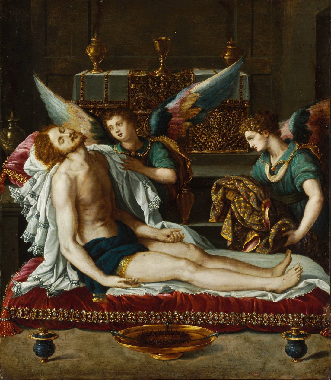 Le Corps du Christ oint par deux anges - Kristi legeme salvet av to engler - Allori, Alessandro (1535-1607) - ca 1593 - Olje på kobber - 45x39 - Szepmuveszeti Muzeum, Budapest av Alessandro Allori