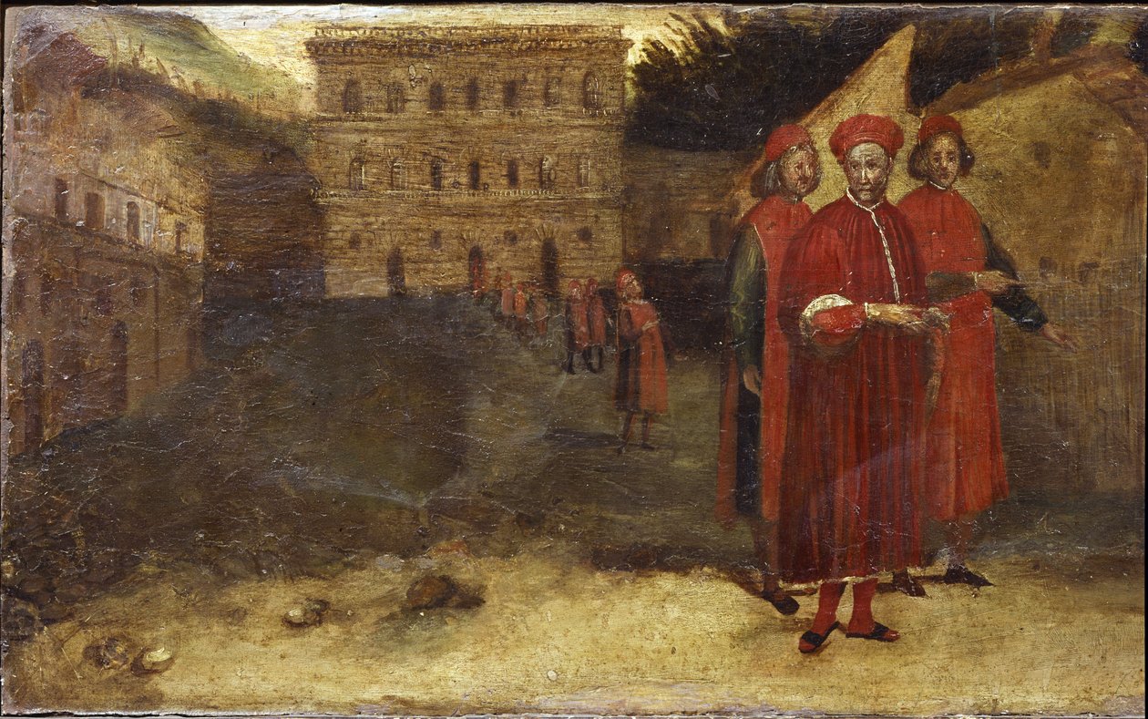 Luca Pitti italiensk bankmann, foran palasset hans (Palazzo Pitti) av Alessandro Allori