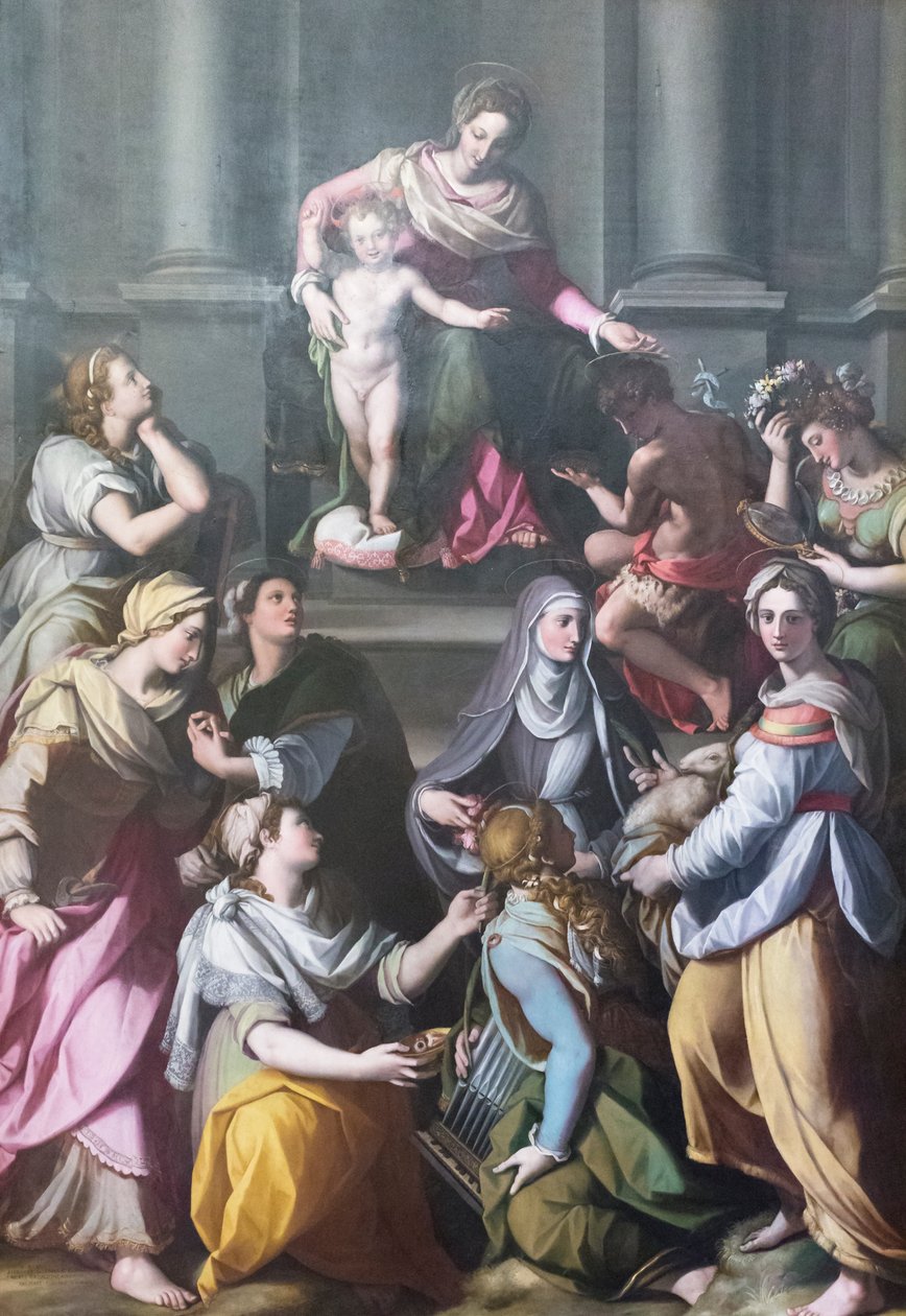 Madonna tronet med Child, omgitt av helgener og skikkelser av Alessandro Allori