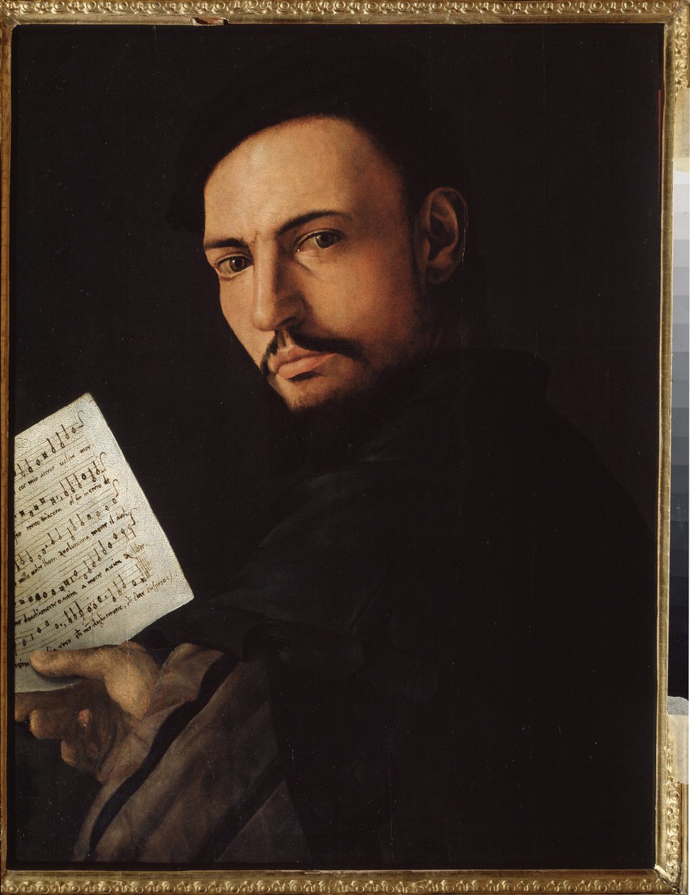 ""Portrait de chanteur"" (En sanger) Peinture d'Alessandro Allori dit le Bronzino (1535-1607) Regionalt kunstgalleri, Tambov, Russland av Alessandro Allori