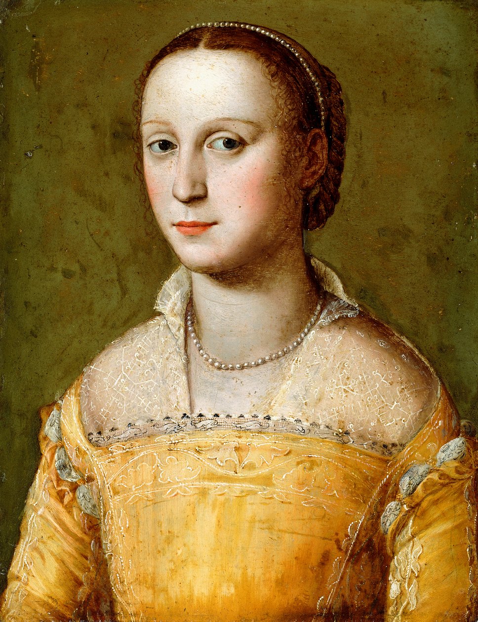 Portrett av Eleanora d"Este, halvlang, iført en gullkjole, av Alessandro Allori