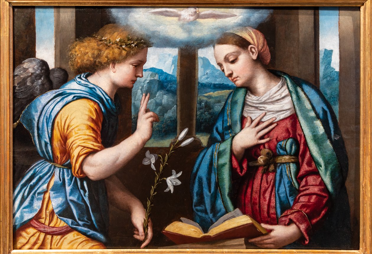 Kunngjøring, ca. 1535-40 (olje på panel) av Alessandro Bonvicino Moretto