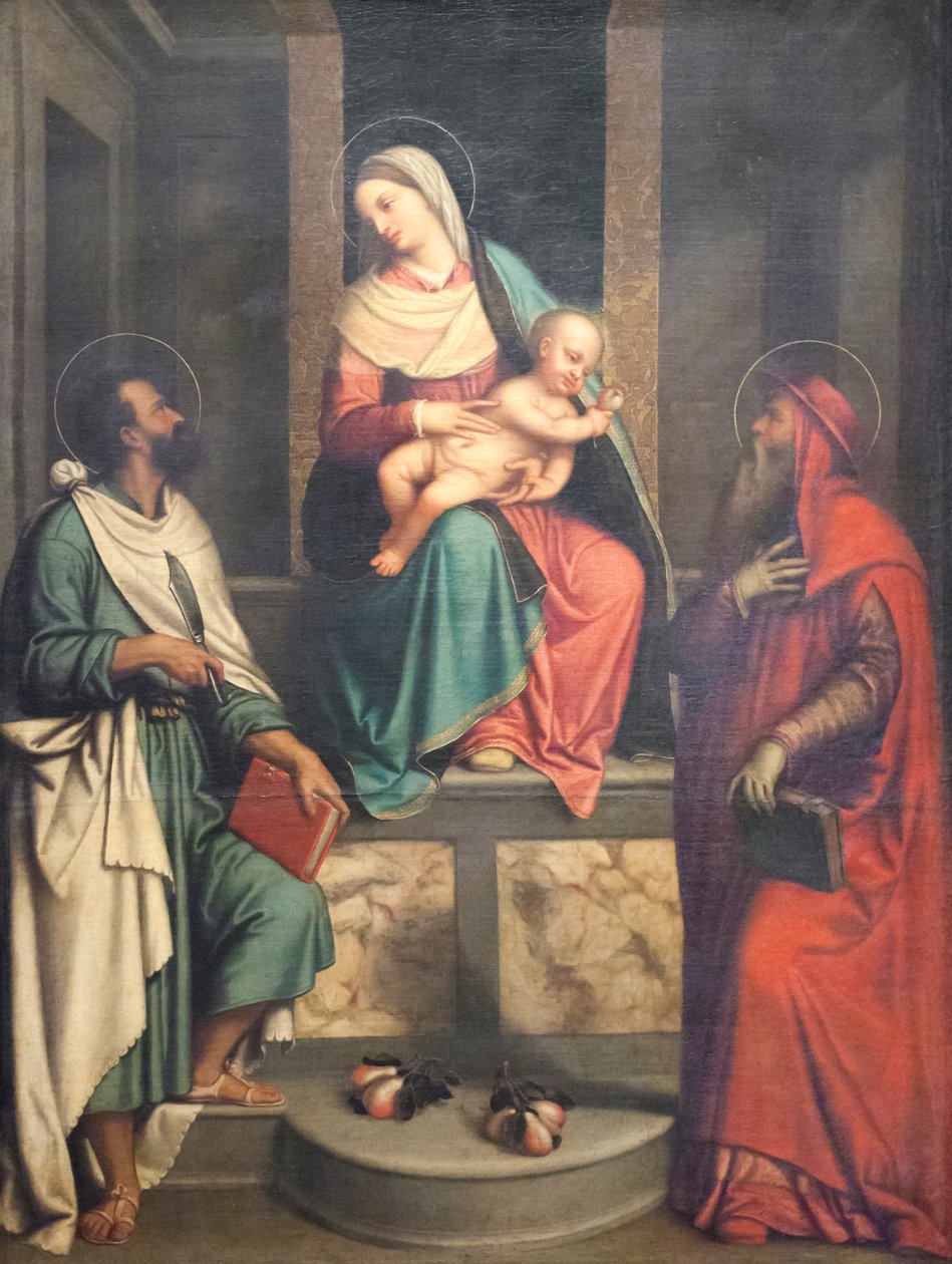 Madonna med barn og hellige (olje på lerret) av Alessandro Bonvicino Moretto