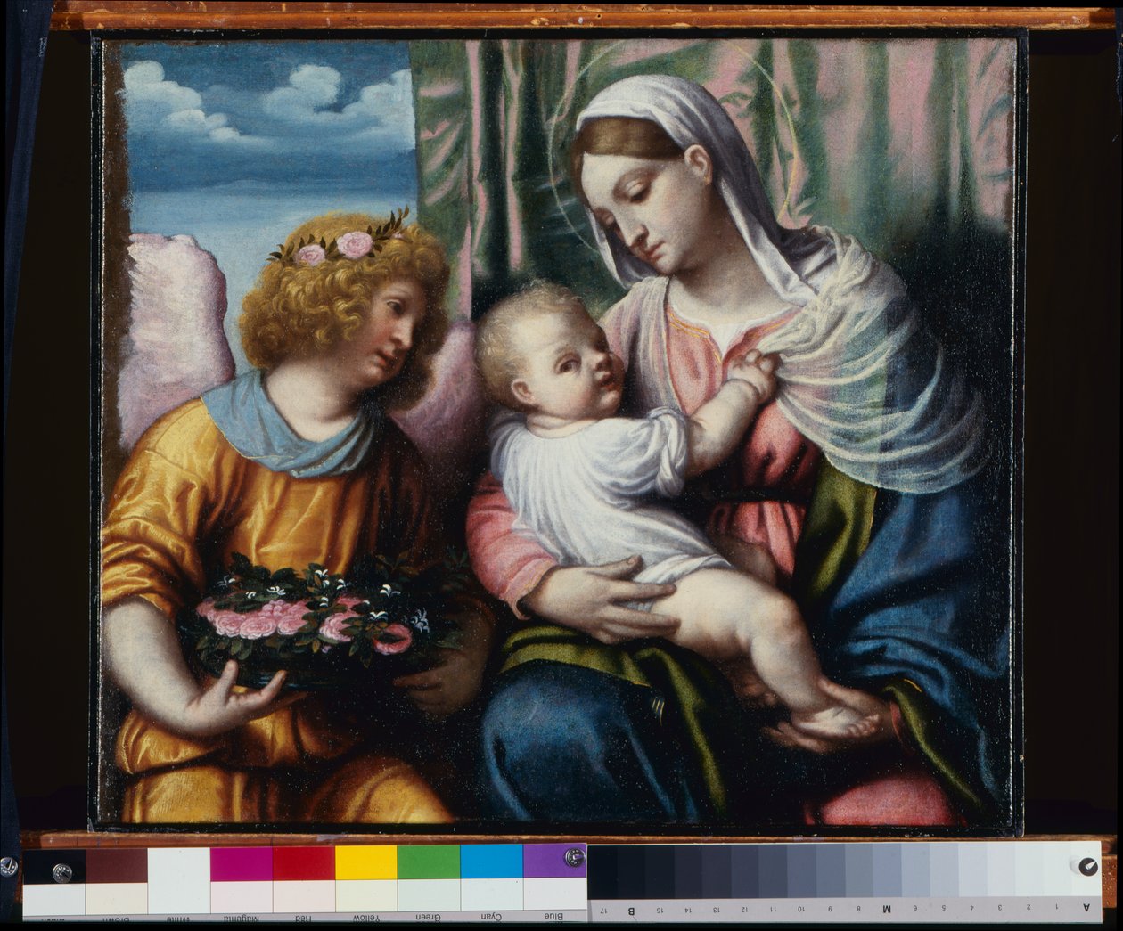 Madonna med barn og en engel av Alessandro Bonvicino Moretto