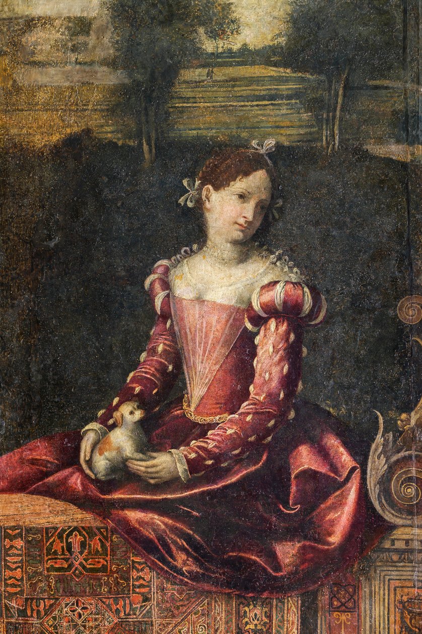 Portrett av en adelskvinne, detalj av Small Room of the Noble Ladies (olje på lerret limt til veggene) av Alessandro Bonvicino Moretto