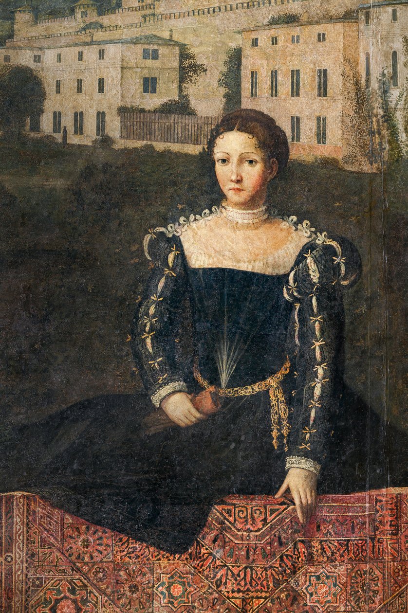 Portrett av en adelskvinne, detalj av Small Room of the Noble Ladies (olje på lerret limt til veggene) av Alessandro Bonvicino Moretto