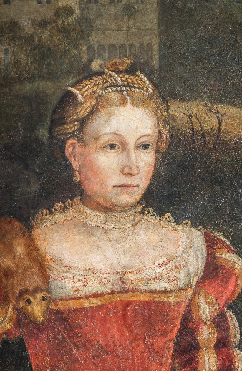 Portrett av en adelskvinne, detalj av Small Room of the Noble Ladies (olje på lerret limt til veggene) av Alessandro Bonvicino Moretto