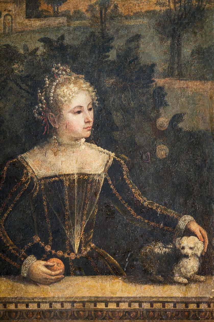 Portrett av en adelskvinne, detalj av Small Room of the Noble Ladies (olje på lerret limt til veggene) av Alessandro Bonvicino Moretto