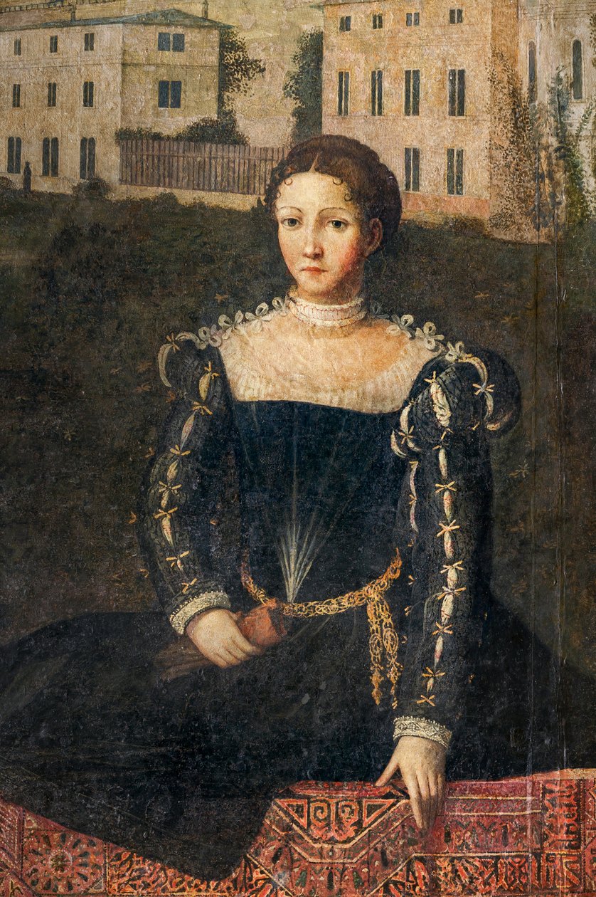 Portrett av en adelskvinne, detalj av Small Room of the Noble Ladies (olje på lerret limt til veggene) av Alessandro Bonvicino Moretto