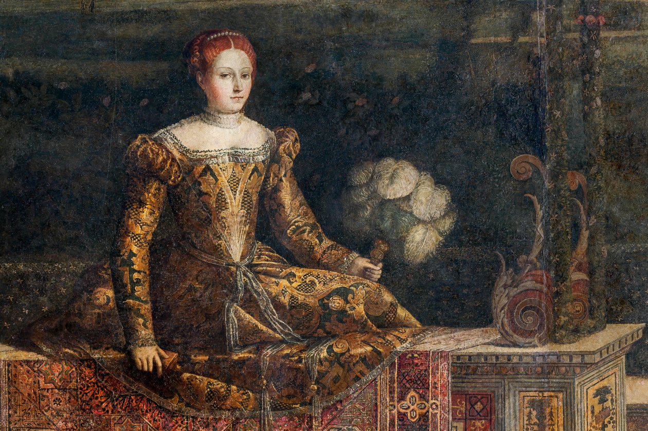 Portrett av en adelskvinne, detalj av Small Room of the Noble Ladies (olje på lerret limt til veggene) av Alessandro Bonvicino Moretto