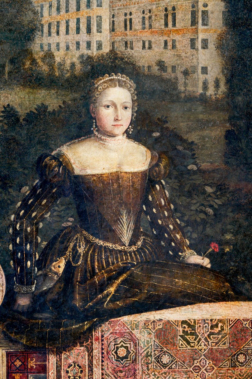 Portrett av en adelskvinne, detalj av Small Room of the Noble Ladies (olje på lerret limt til veggene) av Alessandro Bonvicino Moretto