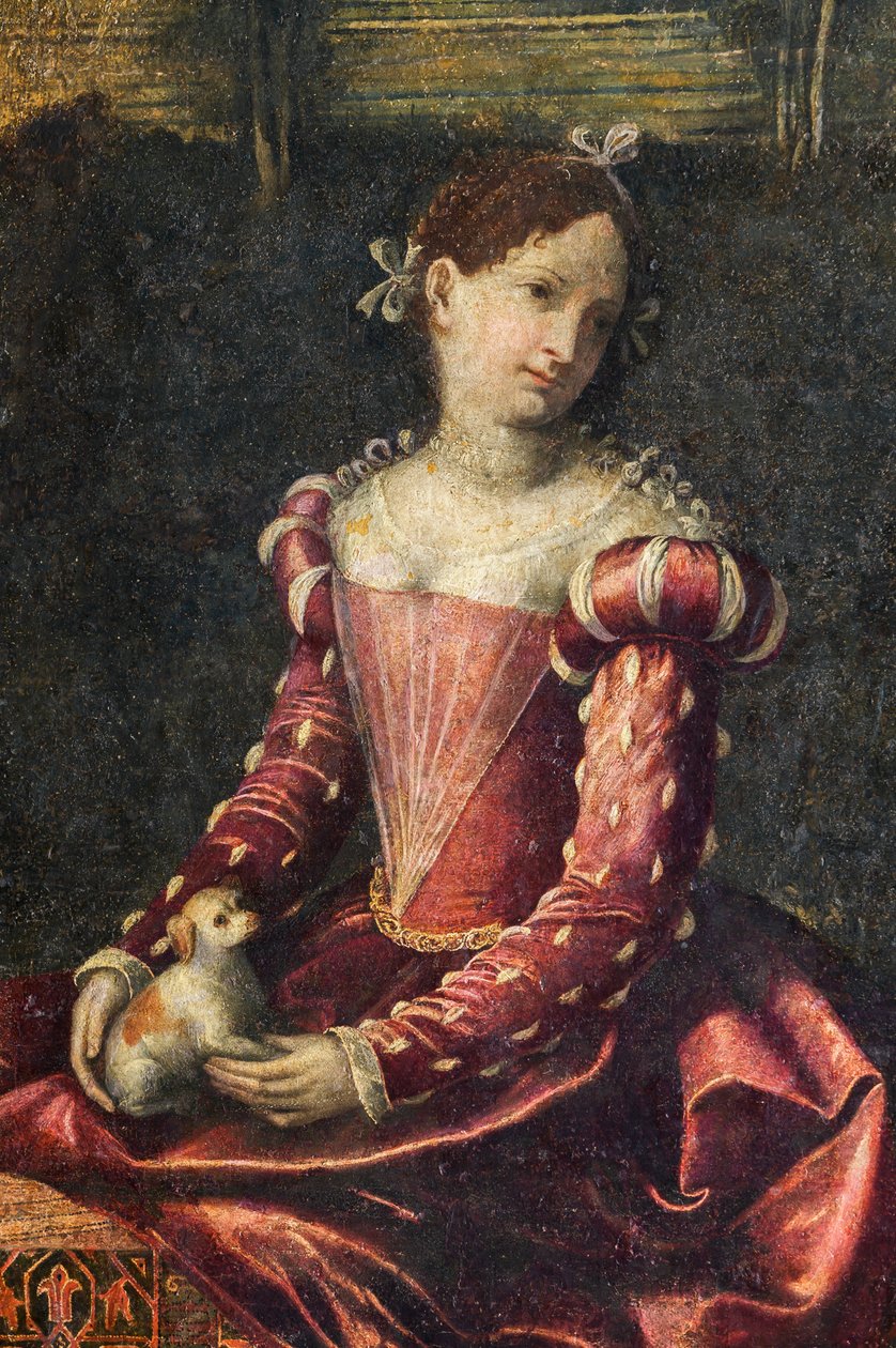 Portrett av en adelskvinne, detalj av Small Room of the Noble Ladies (olje på lerret limt til veggene) av Alessandro Bonvicino Moretto