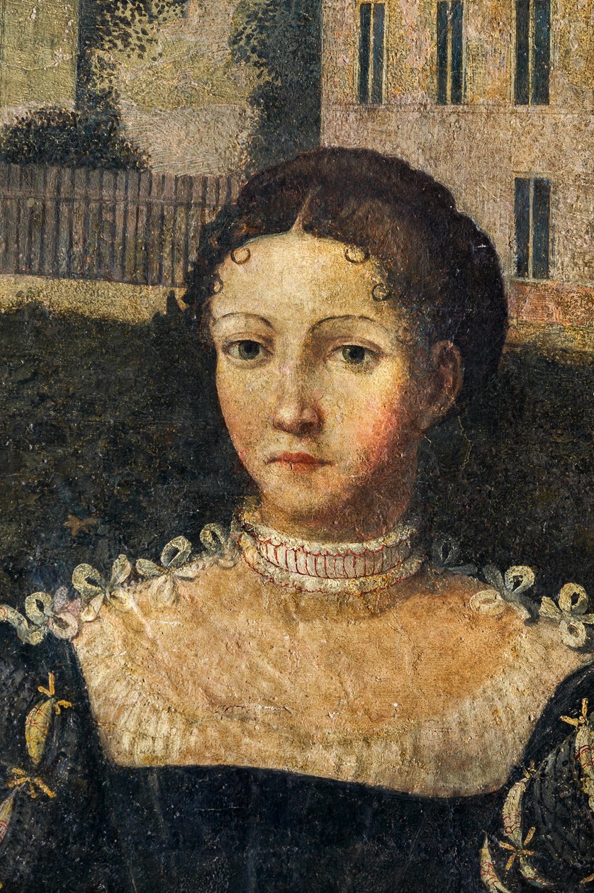 Portrett av en adelskvinne, detalj av Small Room of the Noble Ladies (olje på lerret limt til veggene) av Alessandro Bonvicino Moretto