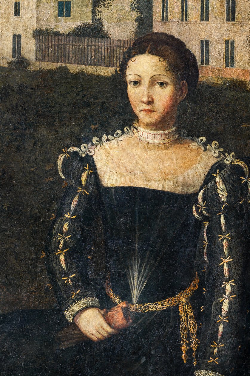 Portrett av en adelskvinne, detalj av Small Room of the Noble Ladies (olje på lerret limt til veggene) av Alessandro Bonvicino Moretto