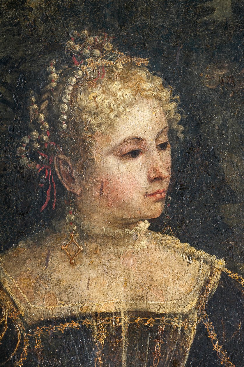 Portrett av en adelskvinne, detalj av Small Room of the Noble Ladies (olje på lerret limt til veggene) av Alessandro Bonvicino Moretto