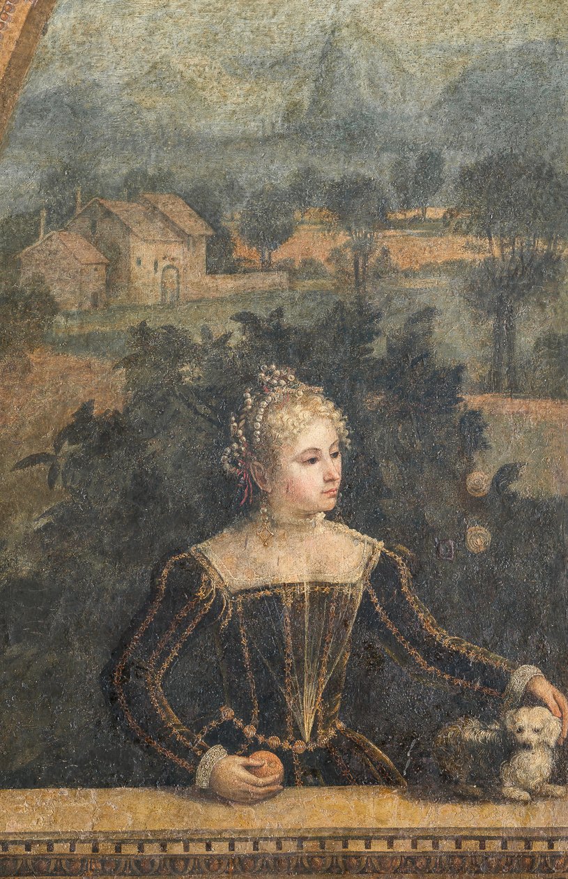 Portrett av en adelskvinne, detalj av Small Room of the Noble Ladies (olje på lerret limt til veggene) av Alessandro Bonvicino Moretto