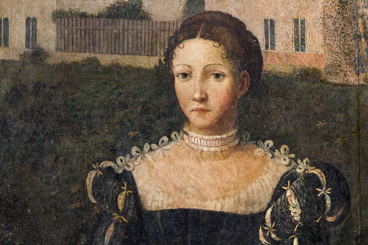 Portrett av en adelskvinne, detalj av Small Room of the Noble Ladies (olje på lerret limt til veggene) av Alessandro Bonvicino Moretto