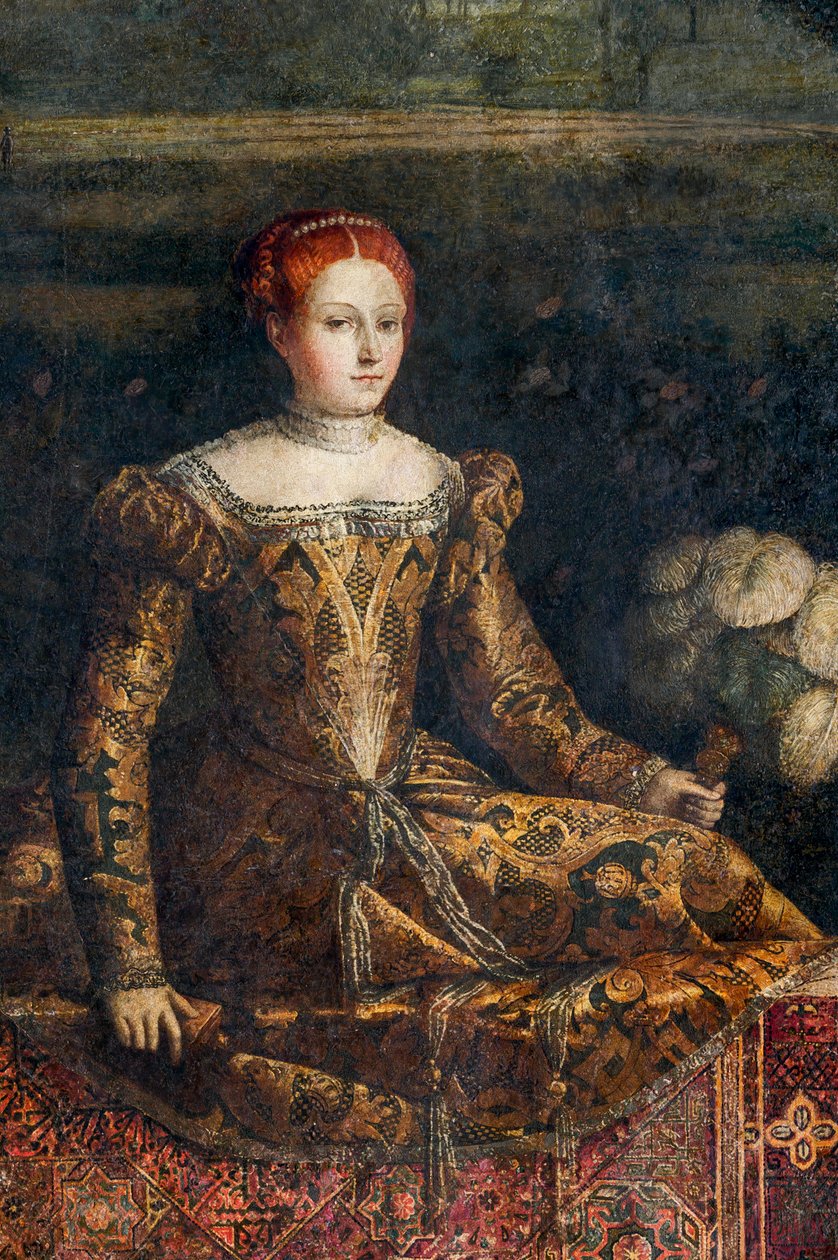 Portrett av en adelskvinne, detalj av Small Room of the Noble Ladies (olje på lerret limt til veggene) av Alessandro Bonvicino Moretto