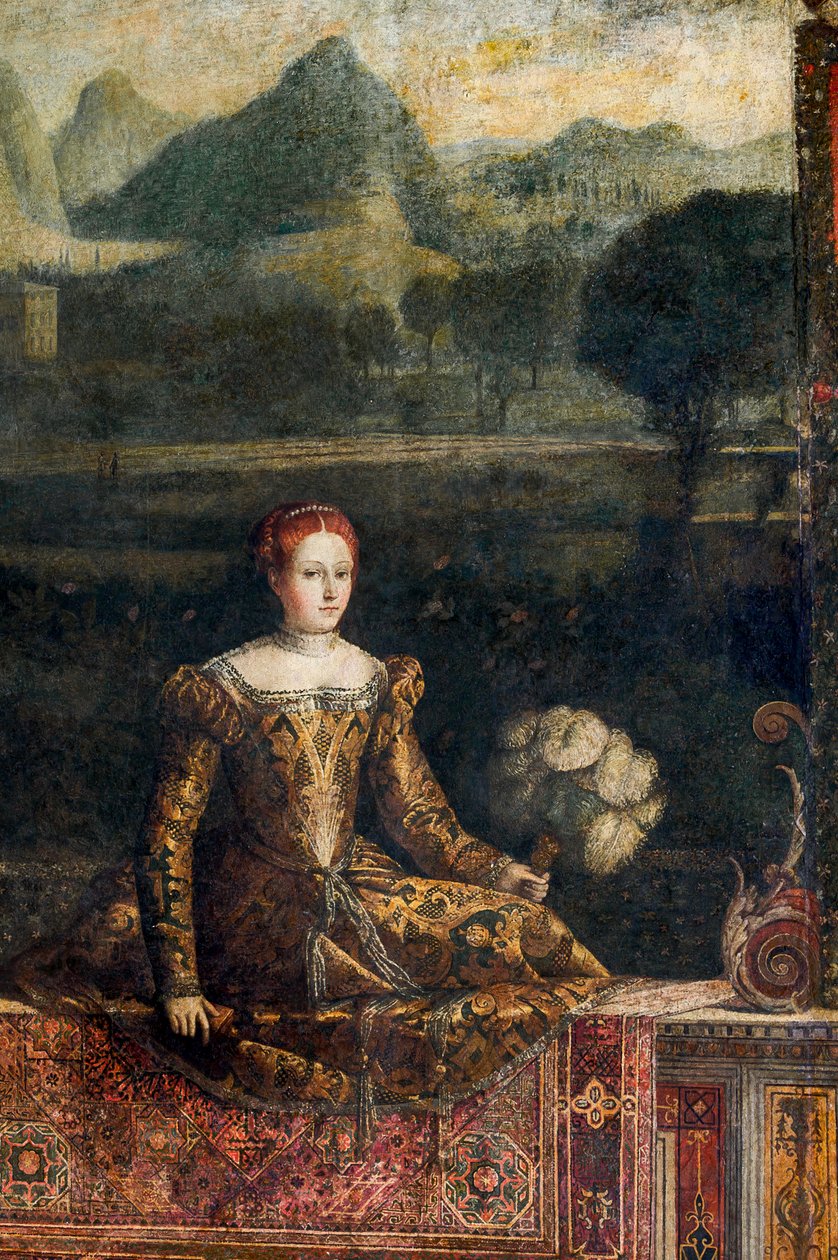 Portrett av en adelskvinne, detalj av Small Room of the Noble Ladies (olje på lerret limt til veggene) av Alessandro Bonvicino Moretto