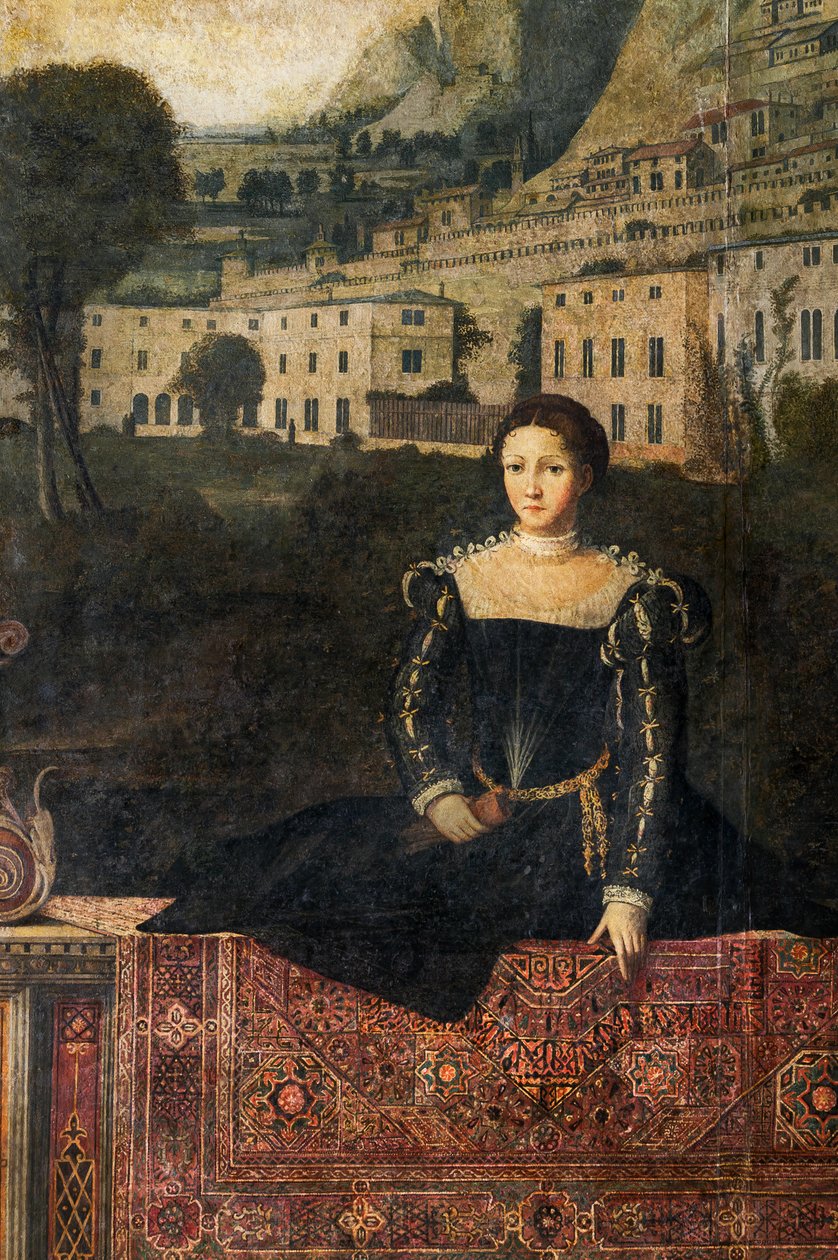 Portrett av en adelskvinne, detalj av Small Room of the Noble Ladies (olje på lerret limt til veggene) av Alessandro Bonvicino Moretto