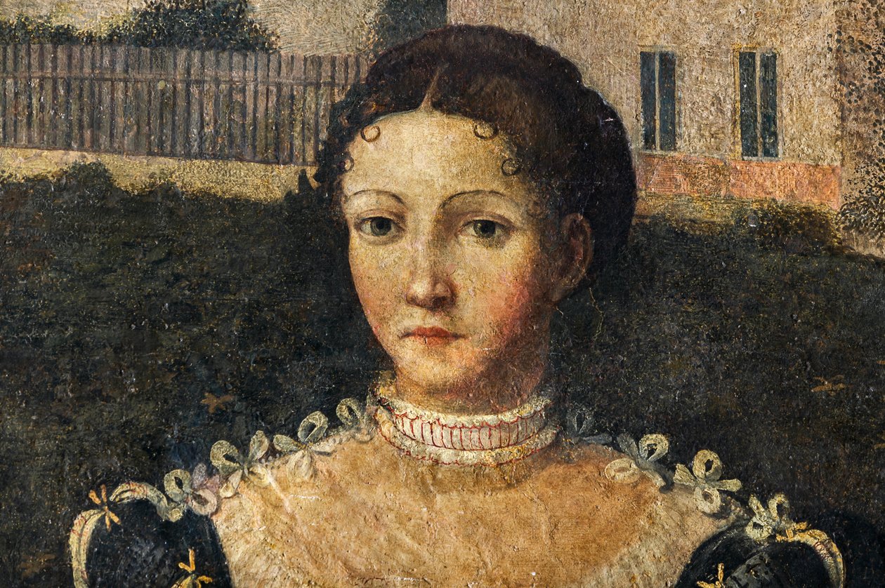 Portrett av en adelskvinne, detalj av Small Room of the Noble Ladies (olje på lerret limt til veggene) av Alessandro Bonvicino Moretto