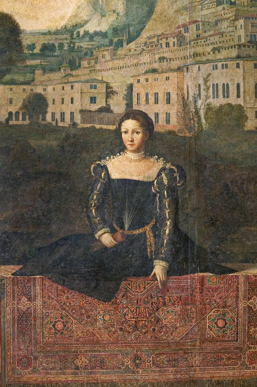 Portrett av en adelskvinne, detalj av Small Room of the Noble Ladies (olje på lerret limt til veggene) av Alessandro Bonvicino Moretto