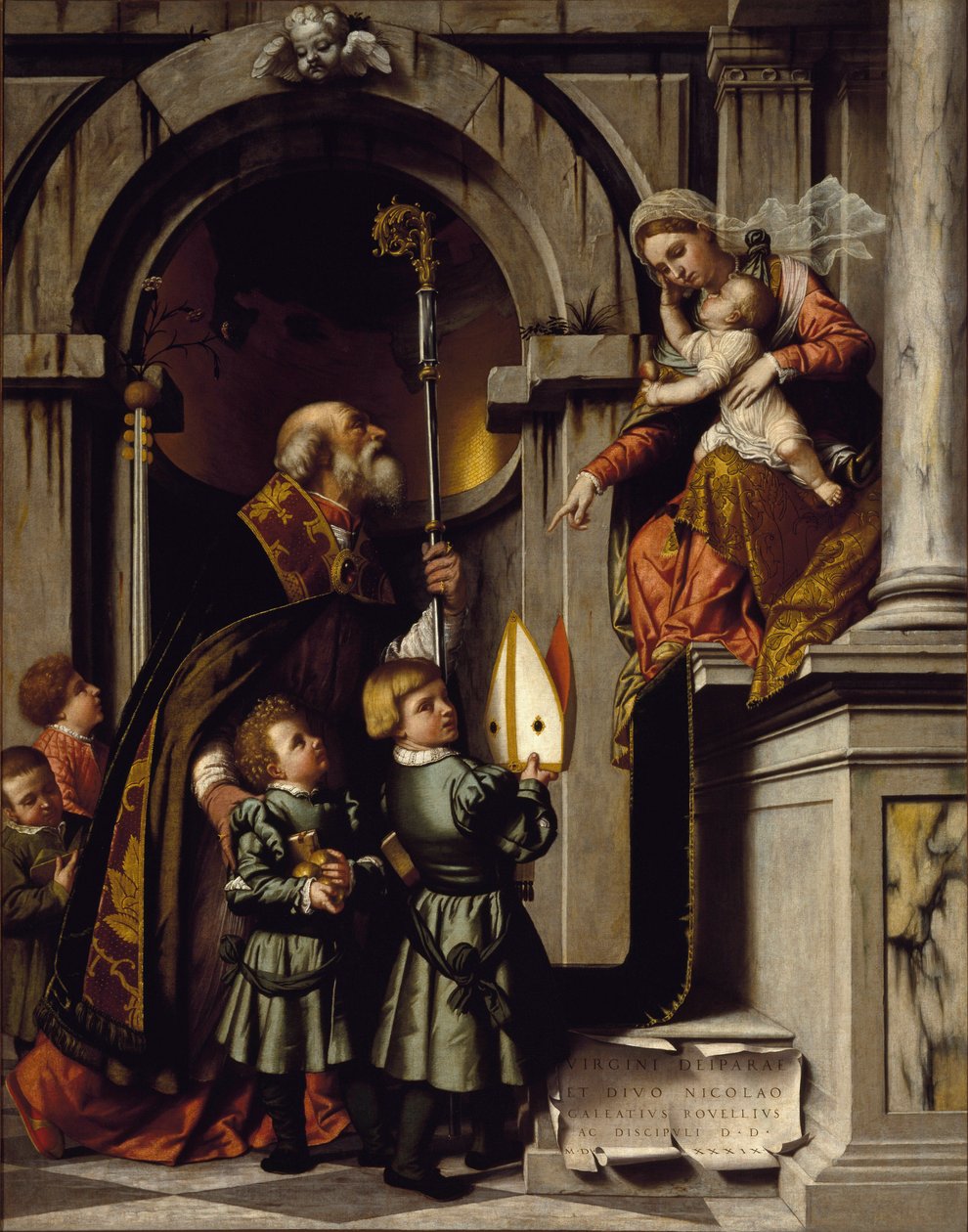 Saint Nicholas of Myra eller Bari (270-345) presenterer elevene til Galeazzo Rovelli for Jomfruen med Jesusbarnet på tronen. 245x192 cm Brescia, Pinacotheca Tosio Martinengo av Alessandro Bonvicino Moretto