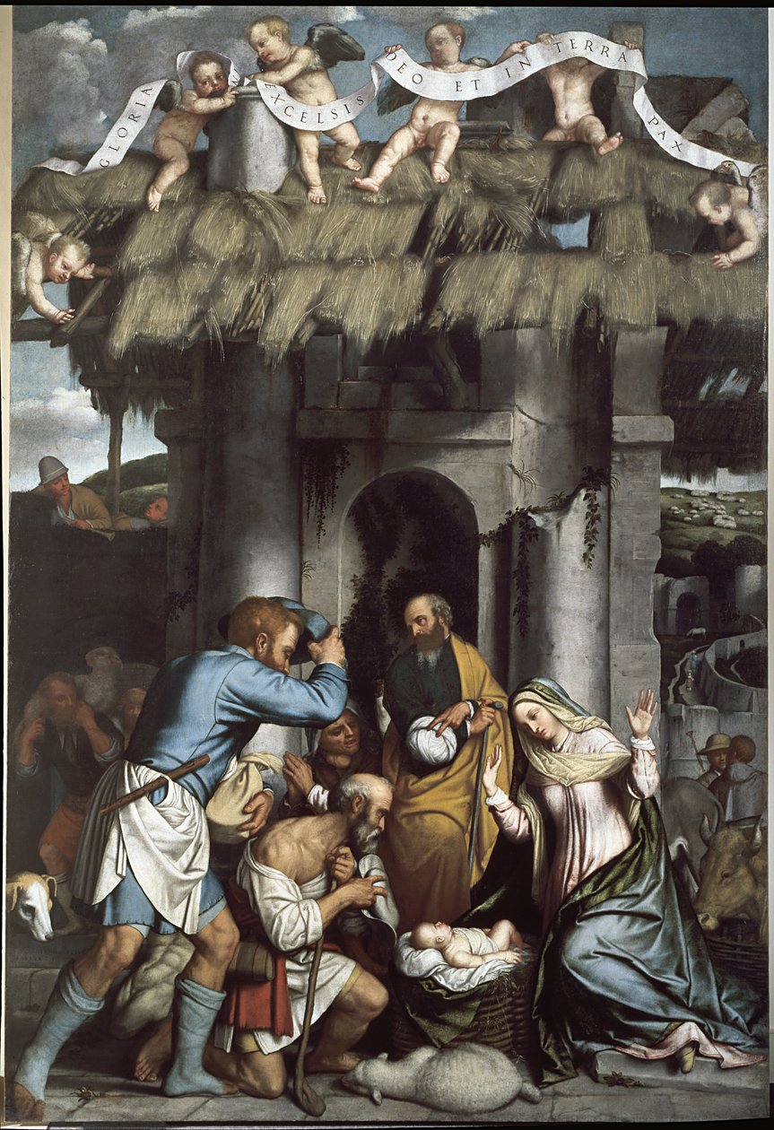 Hyrdenes tilbedelse. (olje på lerret av Alessandro Bonvicino Moretto