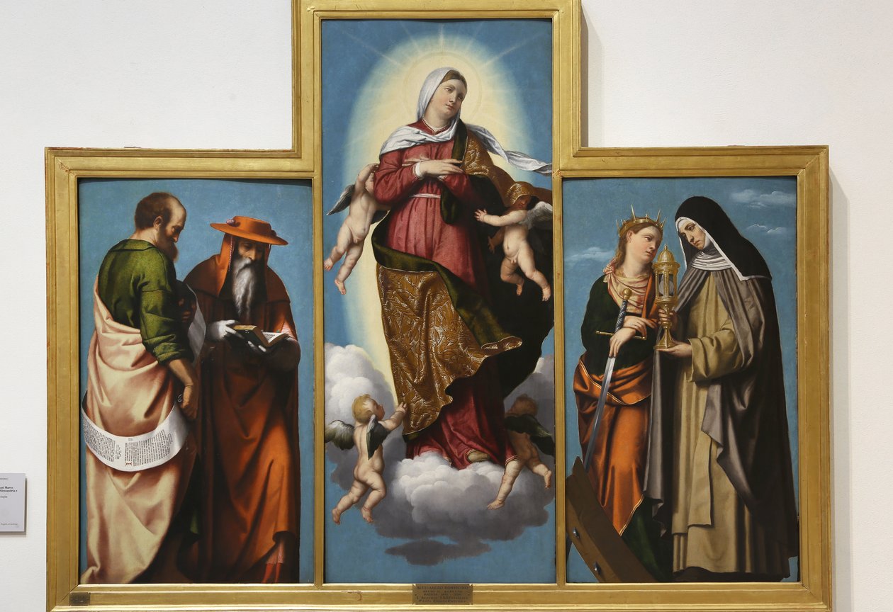 The Assumption of the Virgin med St. Mark og St. Hieronymus, St. Catherine of Alexandria og St. Clare, ca. 1529 (olje på lerret) av Alessandro Bonvicino Moretto