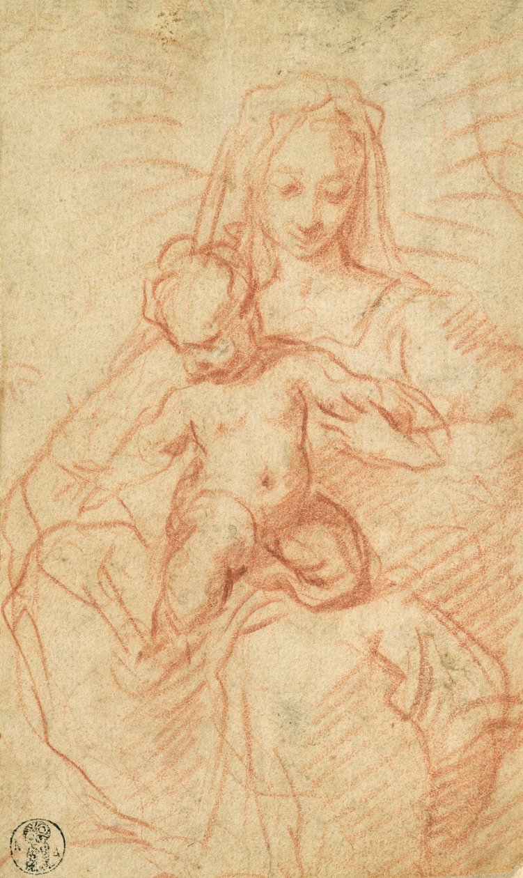 Madonna og barn (rødt kritt på papir) av Alessandro Casolani
